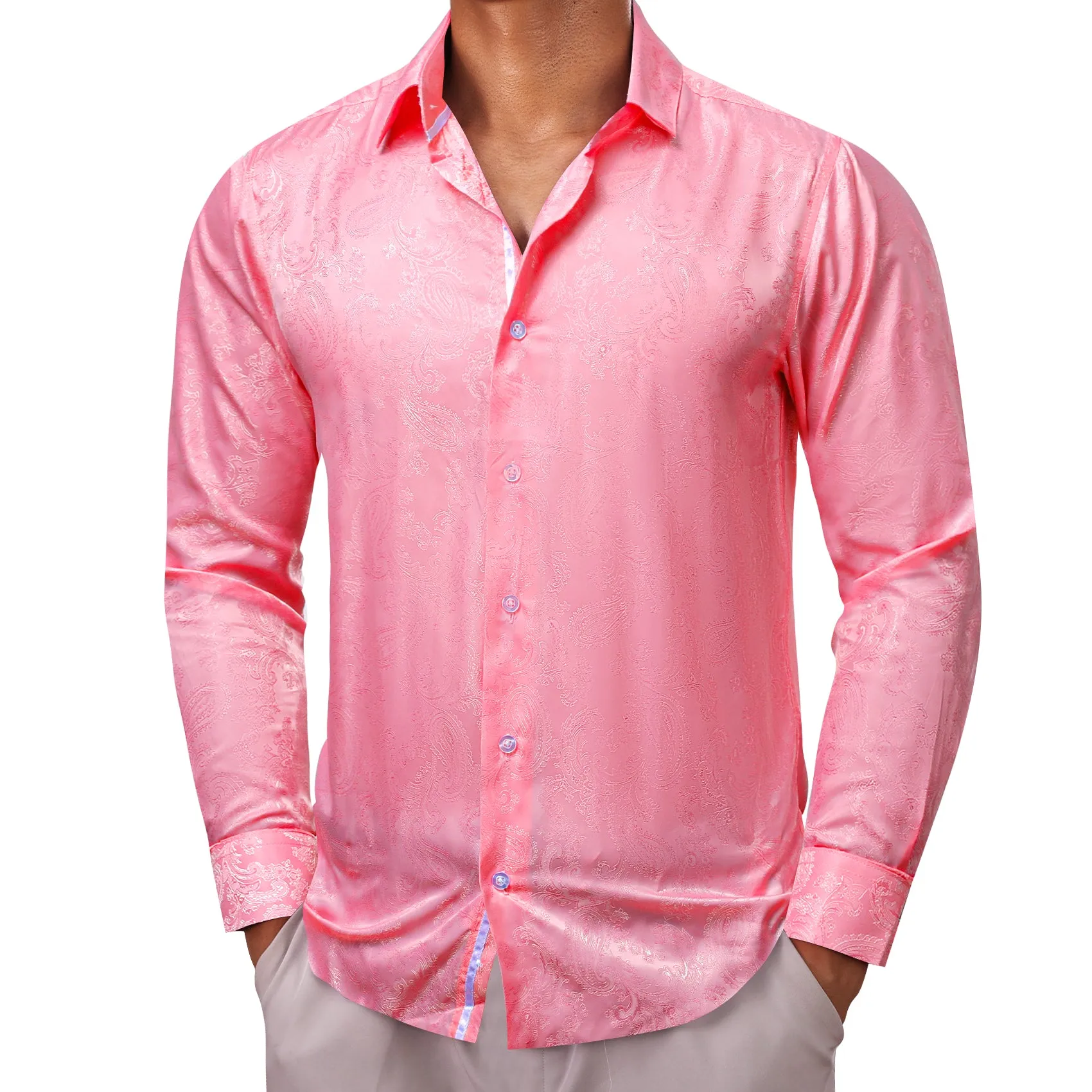 Barry Wang Button Down Shirt Men's Pink Paisley Silk Long Sleeve Shirt