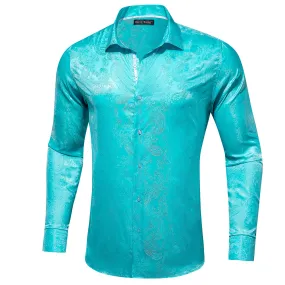 Barry Wang Cyan Paisley Shirt Vintage Aqua Paisley Silk Men's Shirt