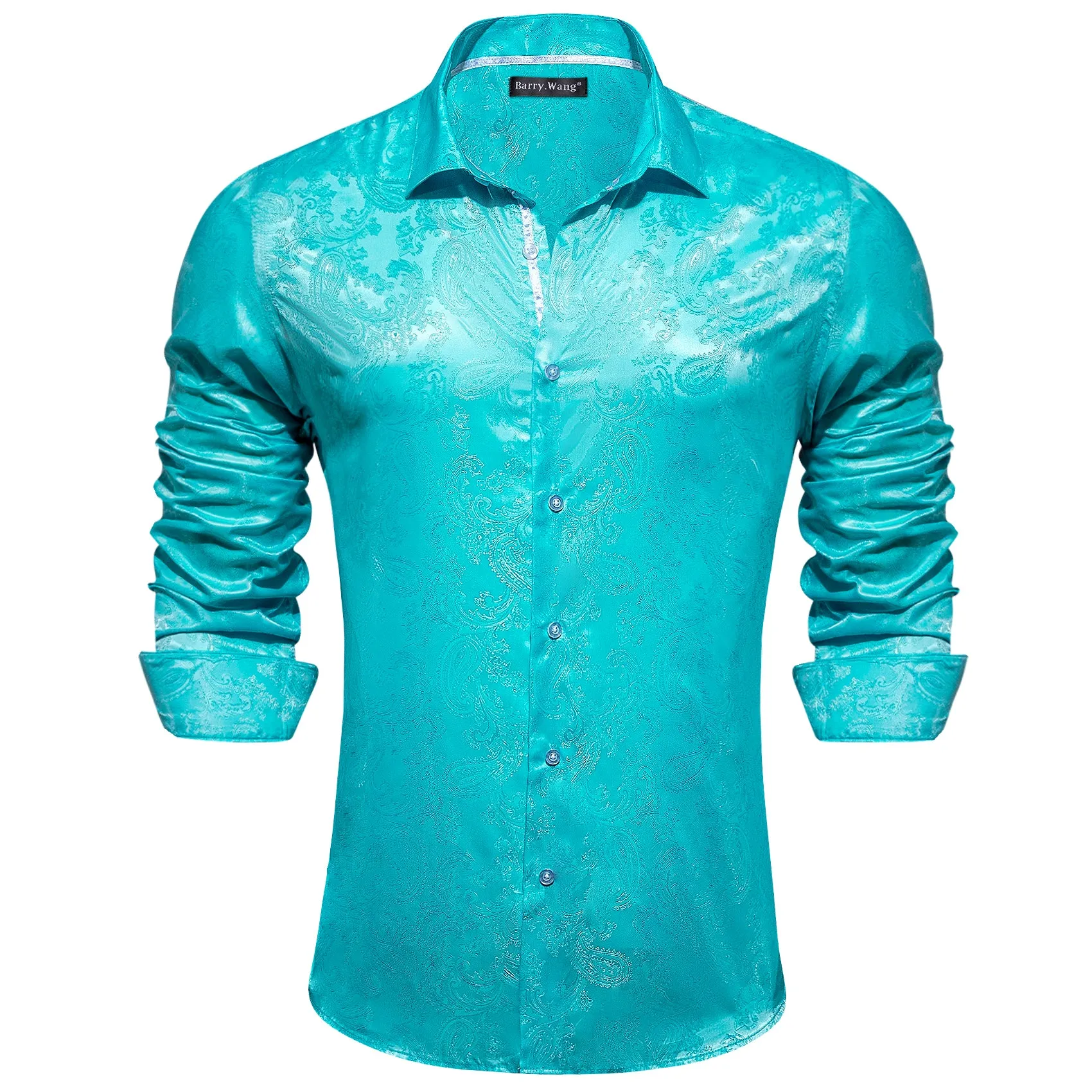 Barry Wang Cyan Paisley Shirt Vintage Aqua Paisley Silk Men's Shirt