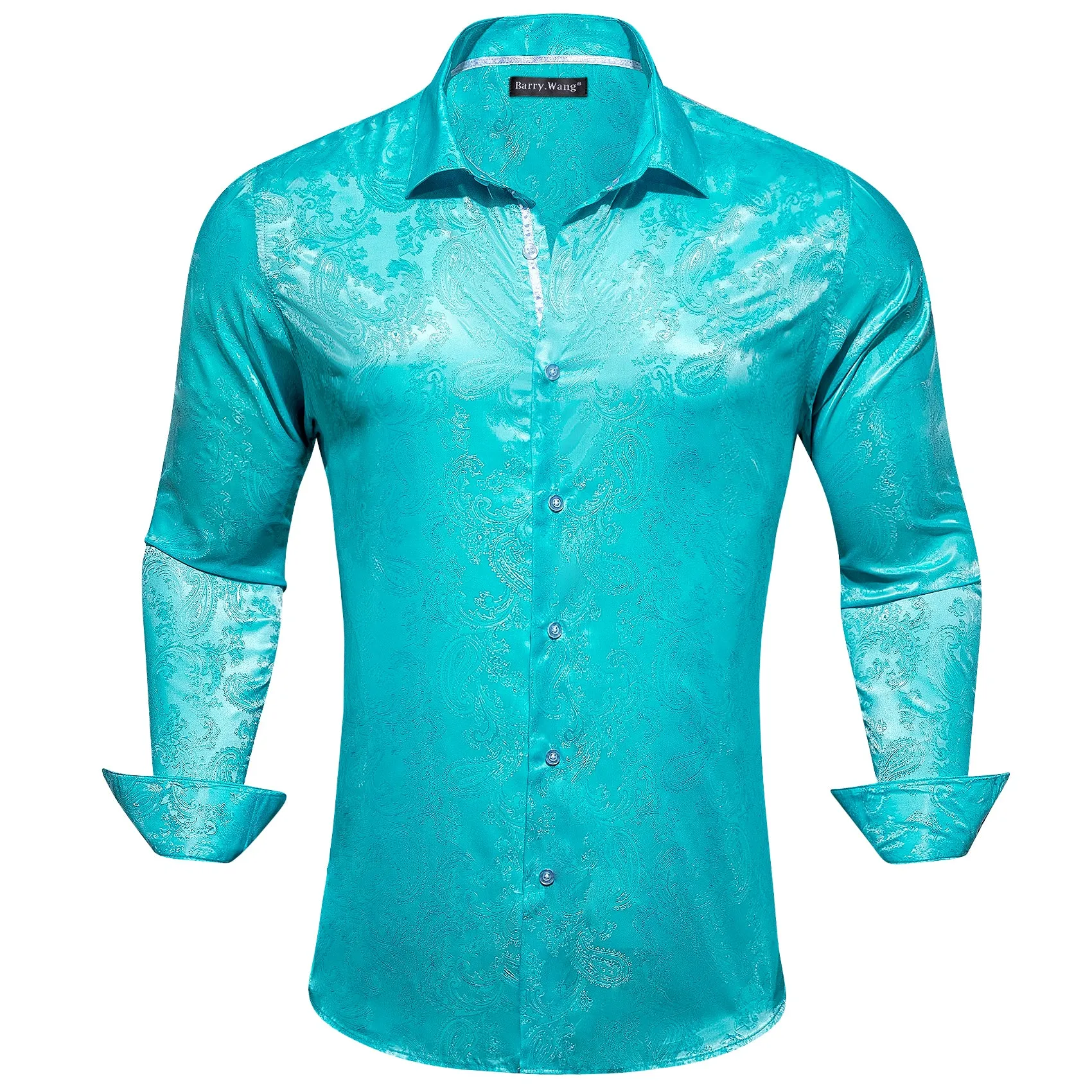 Barry Wang Cyan Paisley Shirt Vintage Aqua Paisley Silk Men's Shirt