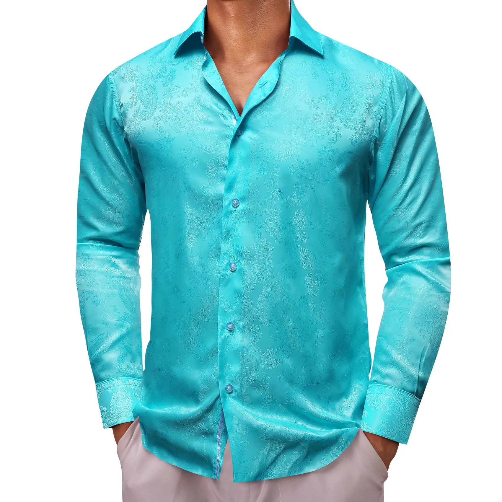 Barry Wang Cyan Paisley Shirt Vintage Aqua Paisley Silk Men's Shirt