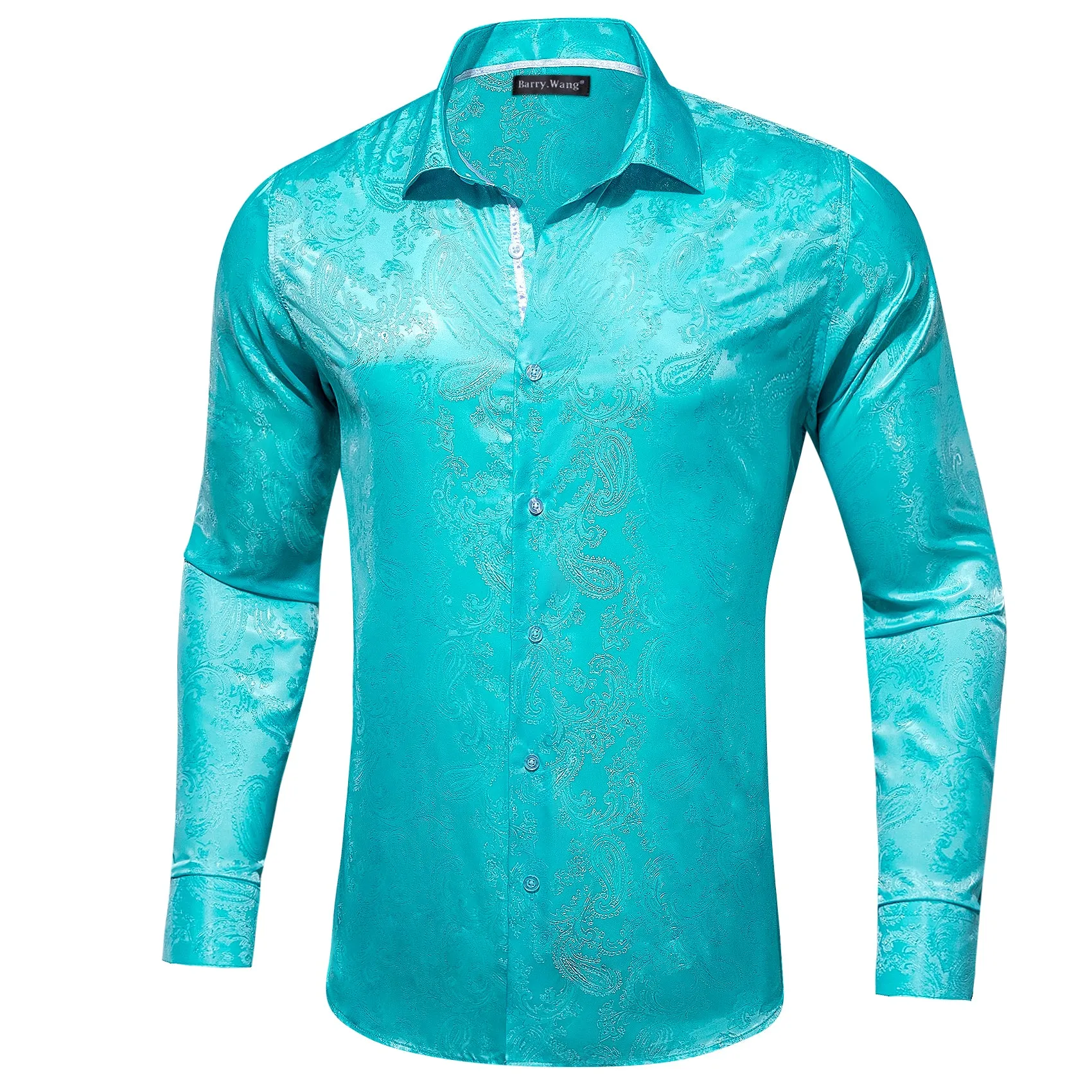 Barry Wang Cyan Paisley Shirt Vintage Aqua Paisley Silk Men's Shirt