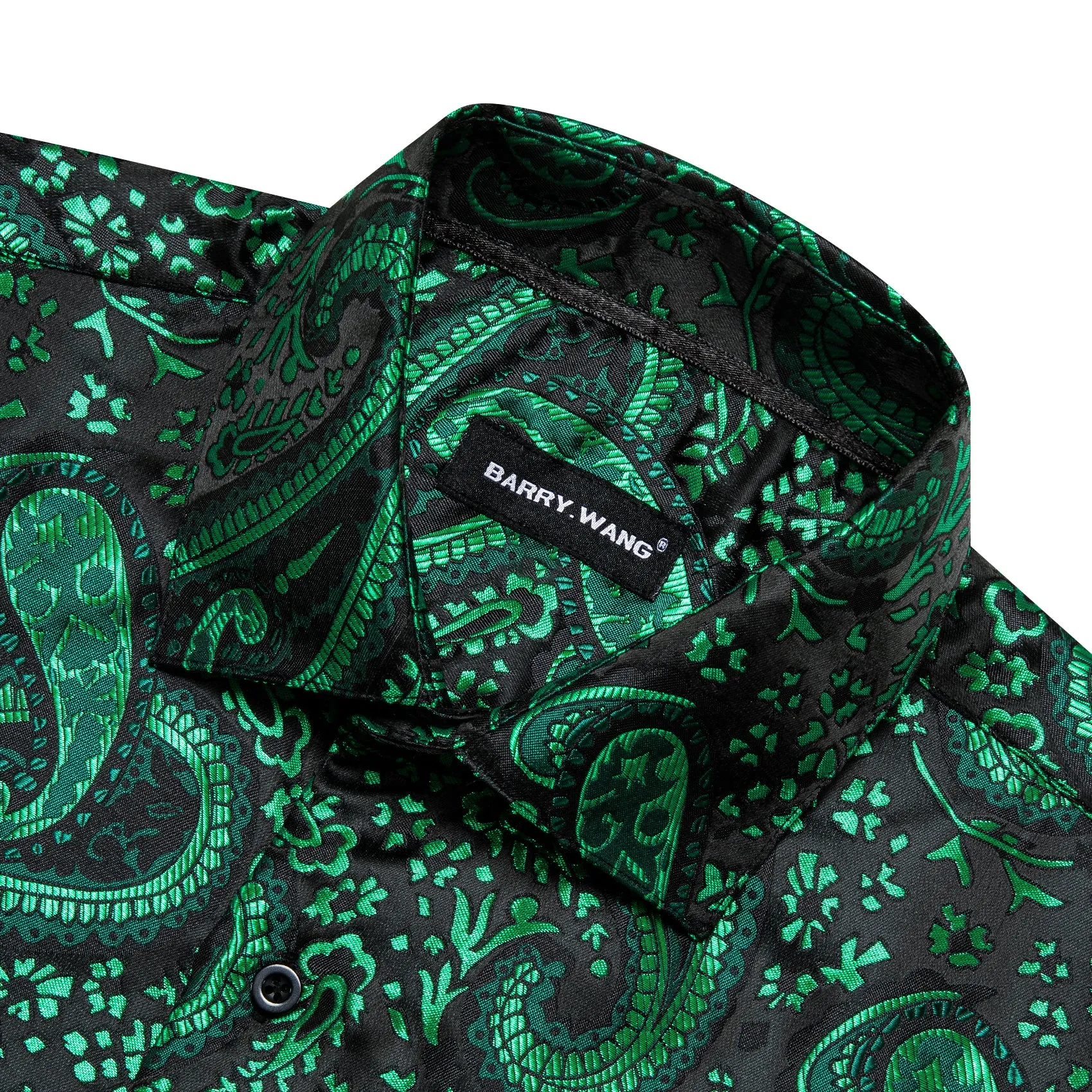 Barry Wang Dark Green Shirt Paisley Jacquard Silk Men's Western Shirt
