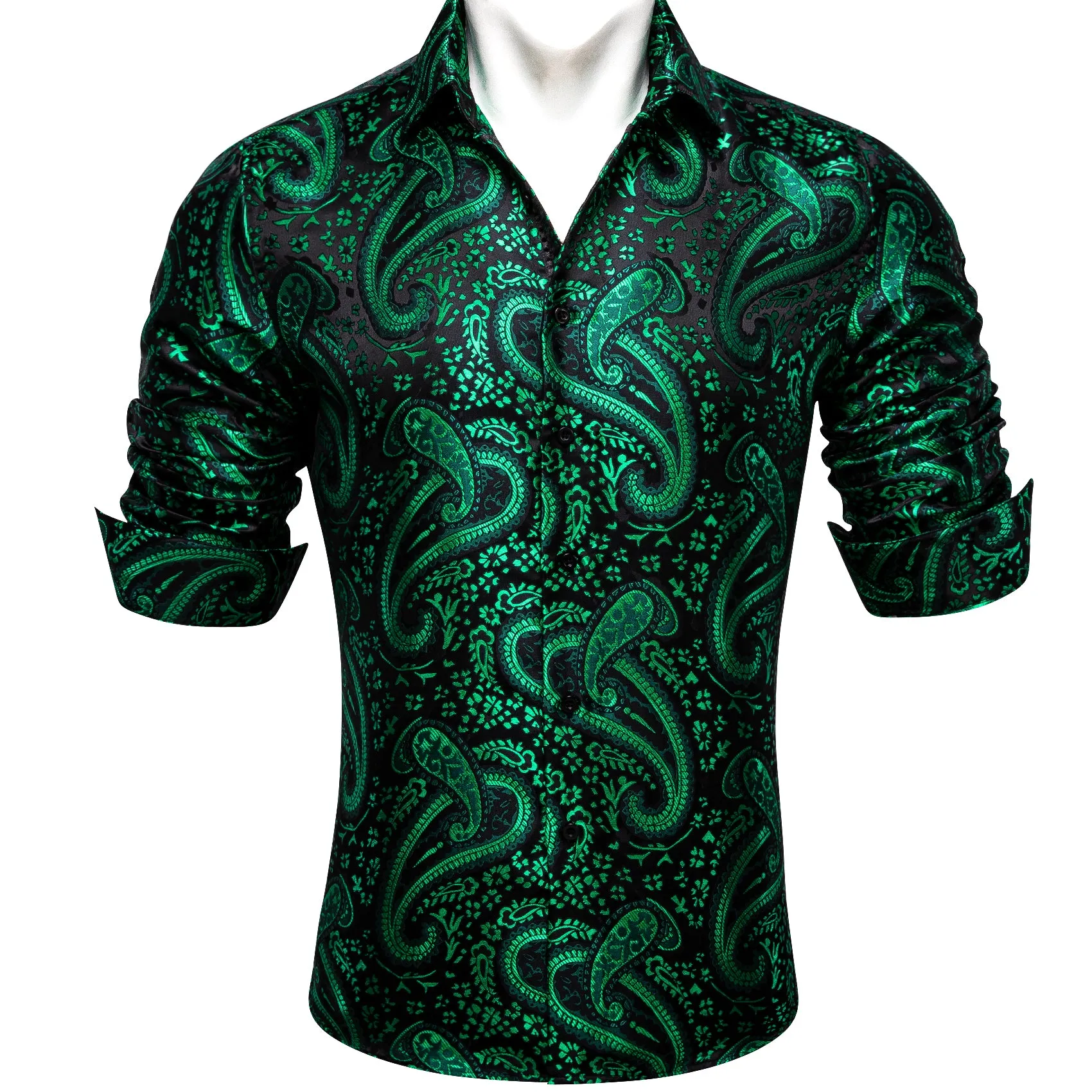 Barry Wang Dark Green Shirt Paisley Jacquard Silk Men's Western Shirt
