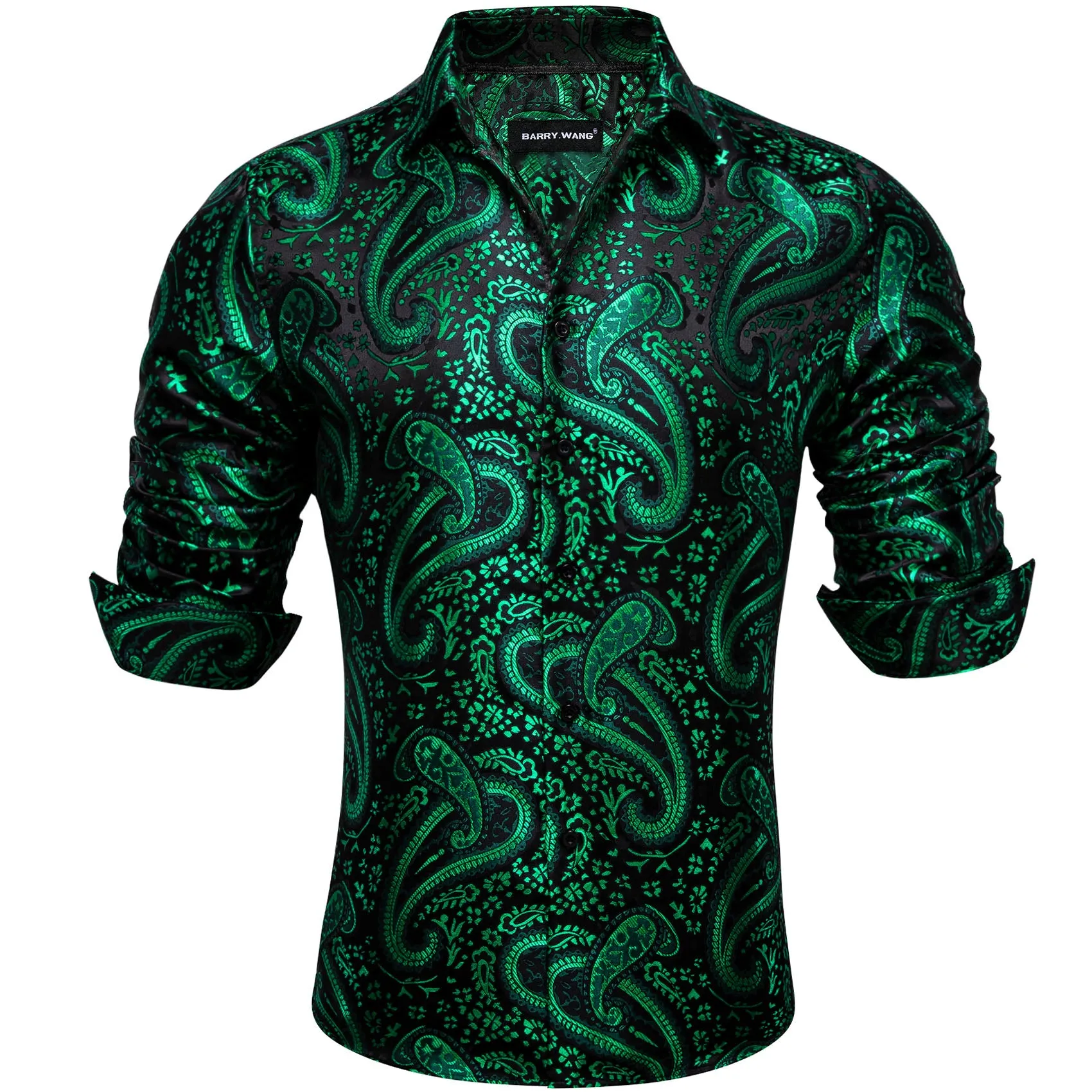Barry Wang Dark Green Shirt Paisley Jacquard Silk Men's Western Shirt