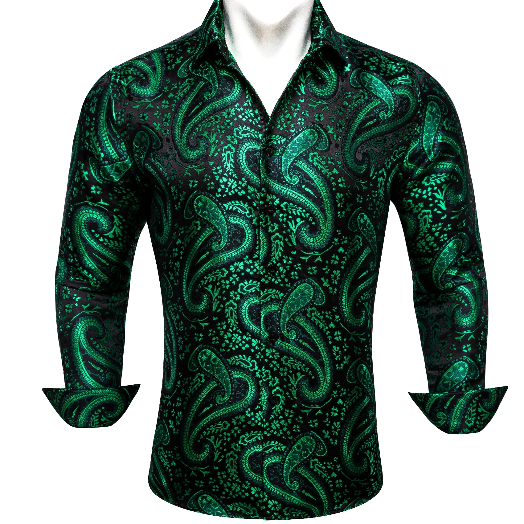 Barry Wang Dark Green Shirt Paisley Jacquard Silk Men's Western Shirt
