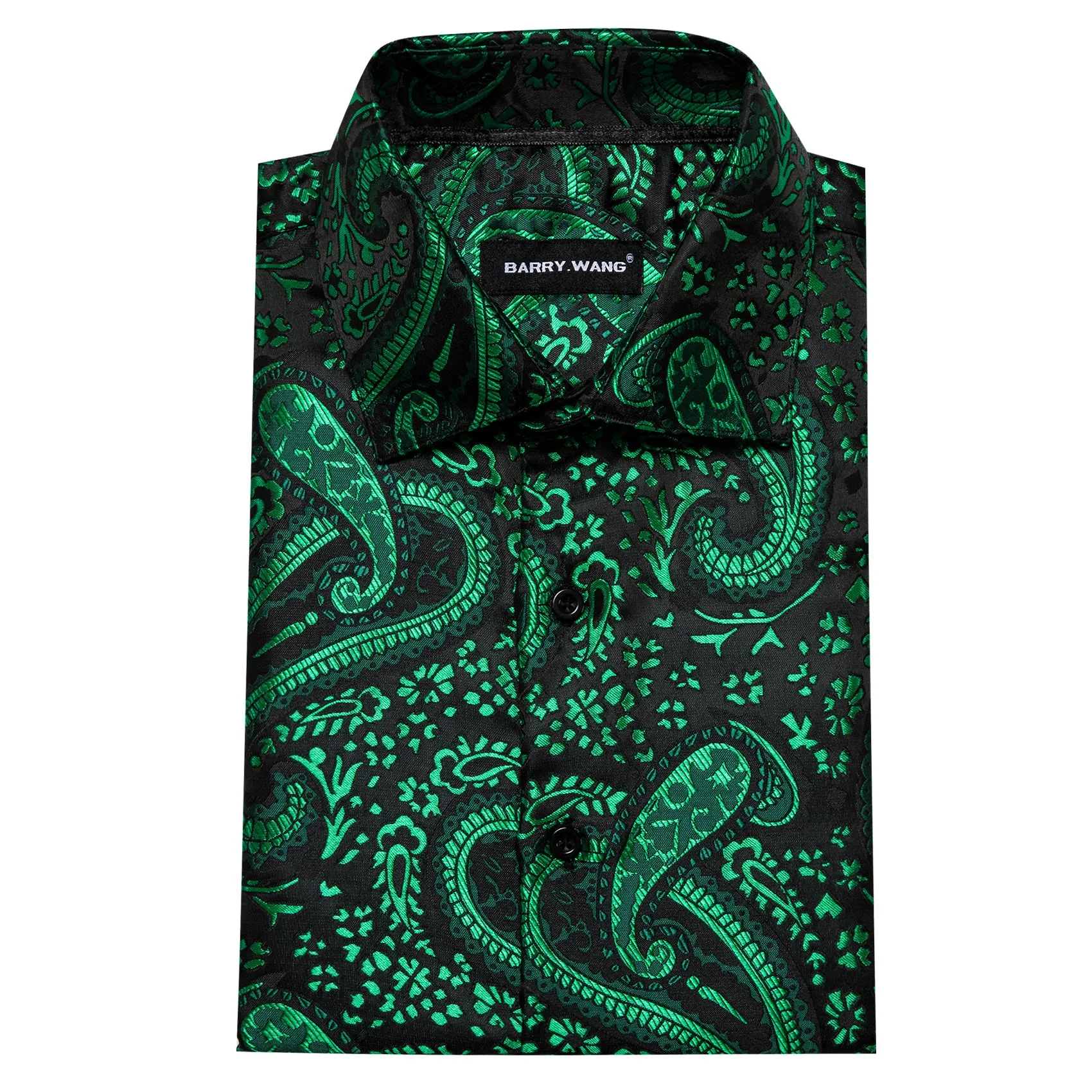 Barry Wang Dark Green Shirt Paisley Jacquard Silk Men's Western Shirt