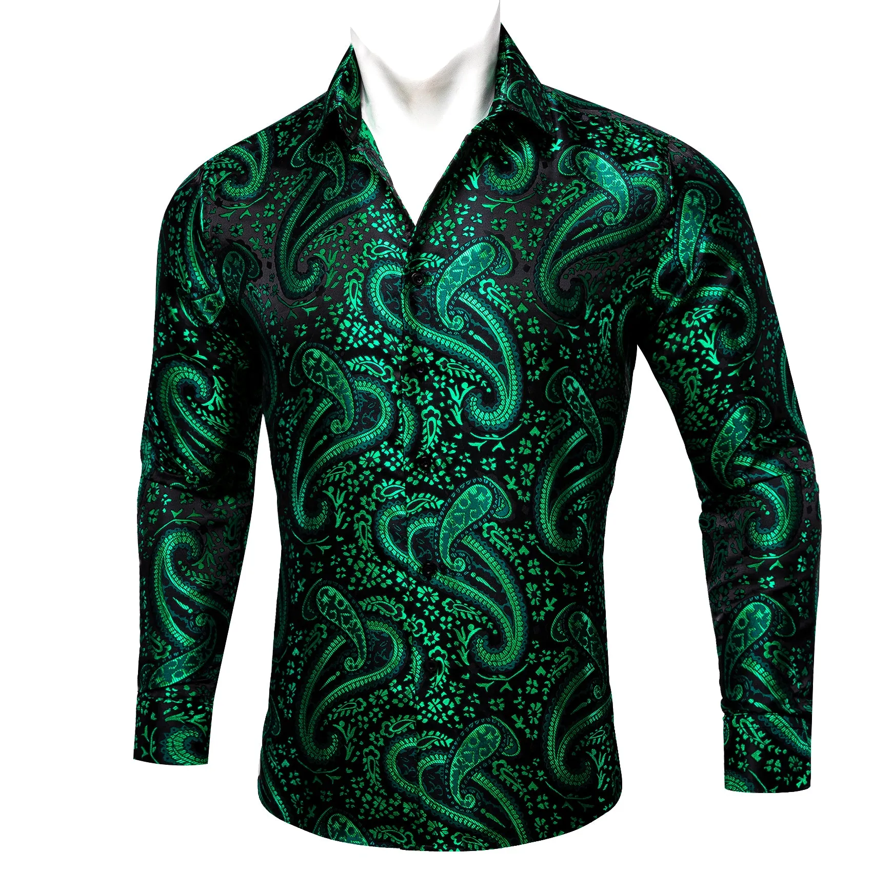 Barry Wang Dark Green Shirt Paisley Jacquard Silk Men's Western Shirt