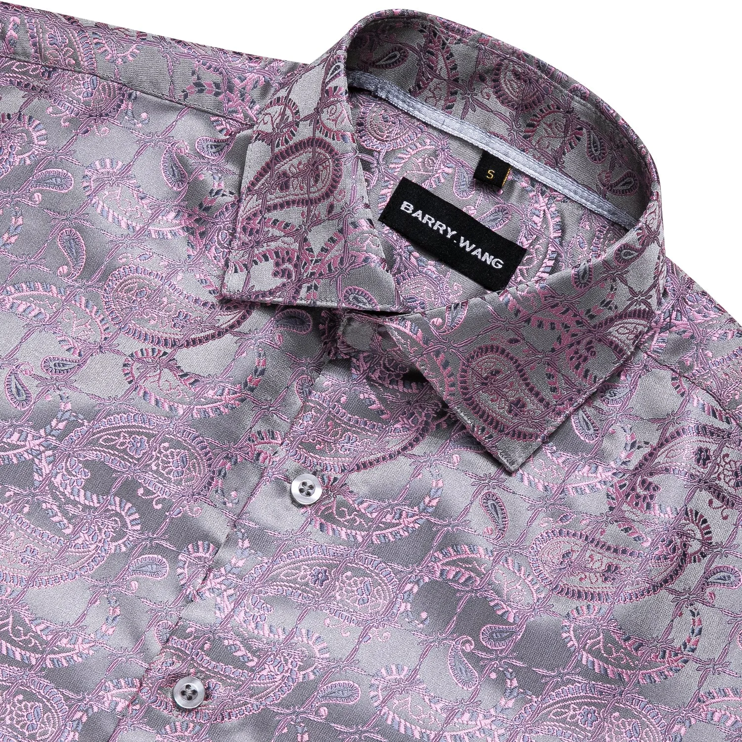 Barry Wang Silver Pink Shirts Novelty Purple Paisley Jacquard Shirt