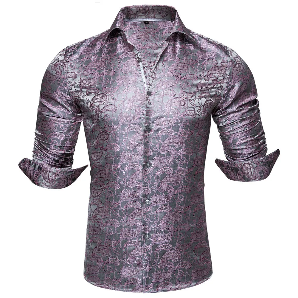 Barry Wang Silver Pink Shirts Novelty Purple Paisley Jacquard Shirt