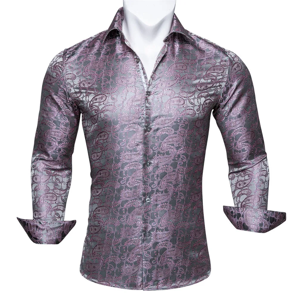 Barry Wang Silver Pink Shirts Novelty Purple Paisley Jacquard Shirt