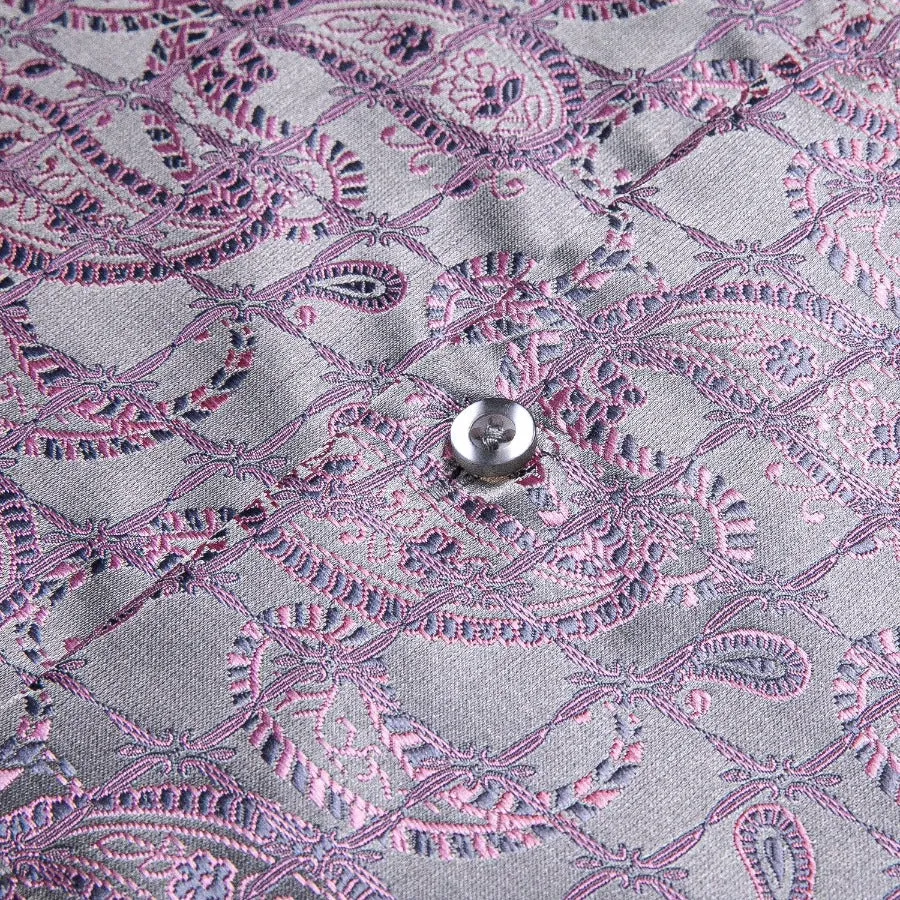 Barry Wang Silver Pink Shirts Novelty Purple Paisley Jacquard Shirt