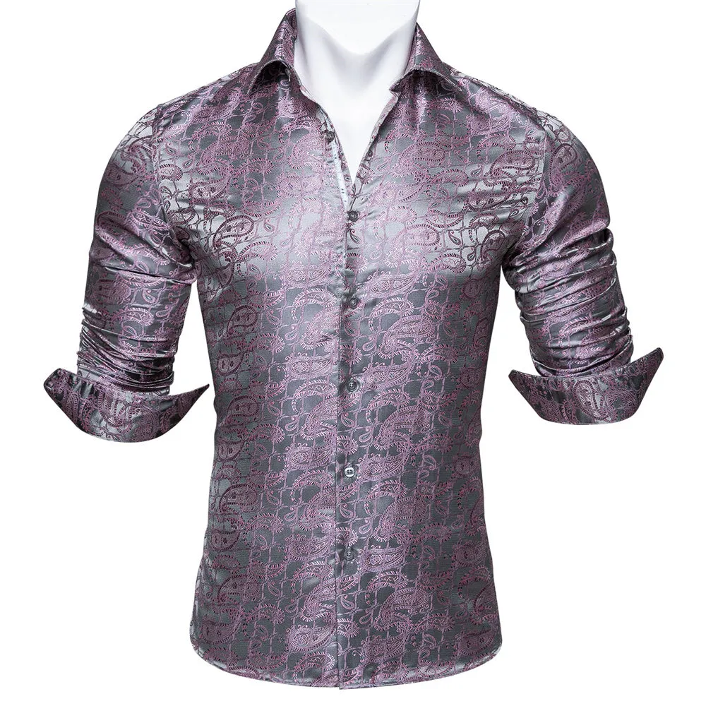 Barry Wang Silver Pink Shirts Novelty Purple Paisley Jacquard Shirt