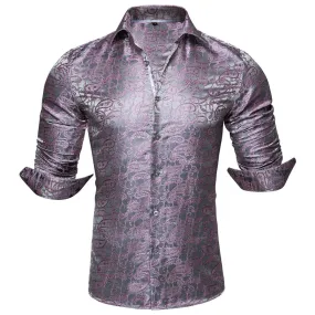 Barry Wang Silver Pink Shirts Novelty Purple Paisley Jacquard Shirt