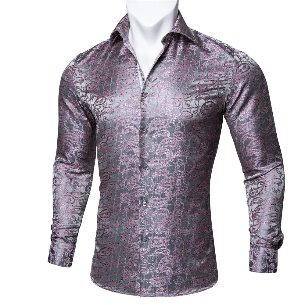 Barry Wang Silver Pink Shirts Novelty Purple Paisley Jacquard Shirt
