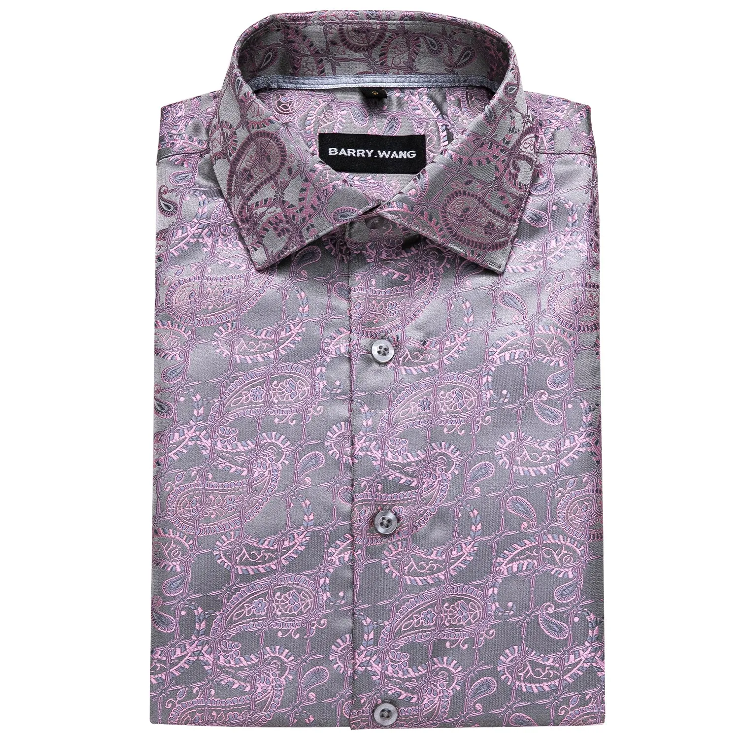 Barry Wang Silver Pink Shirts Novelty Purple Paisley Jacquard Shirt