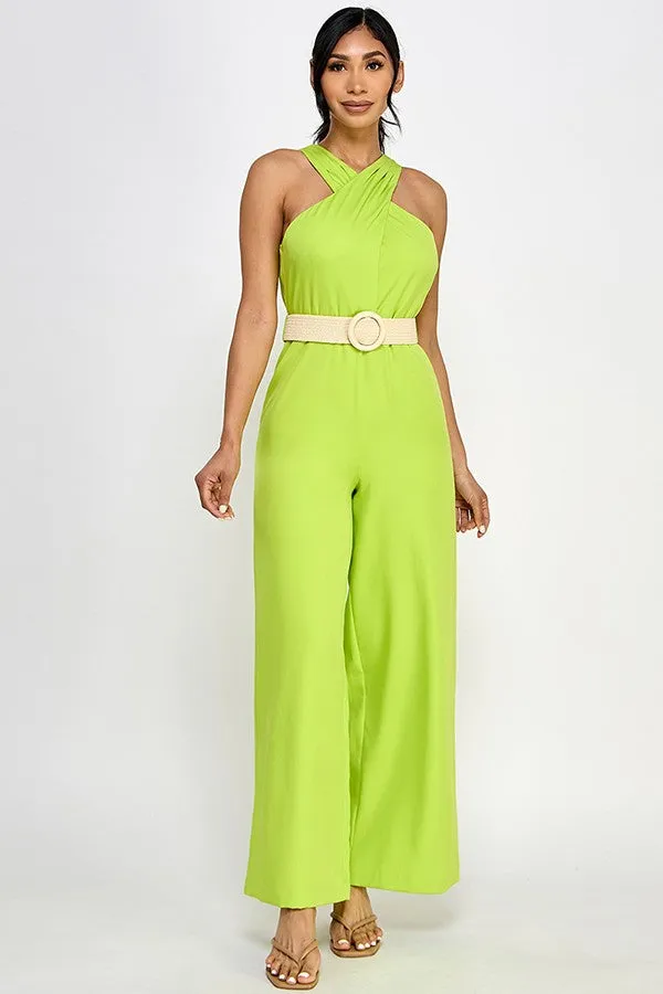 belted cross over neckline sleeveless jumpsuit