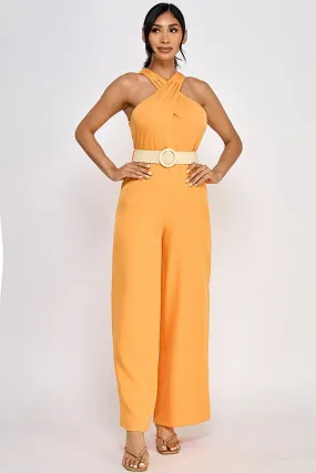belted cross over neckline sleeveless jumpsuit