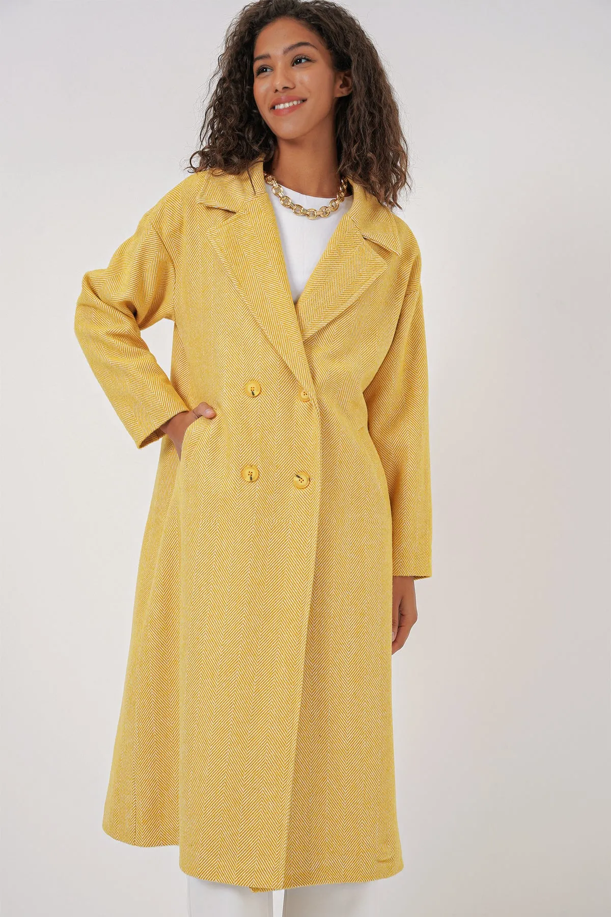 BGD Women Oversize Wide Cut Wool Long Coat - Yellow - Everett
