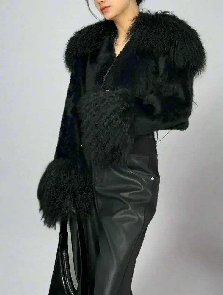 Black Fur Collar Double Button Crop Jacket