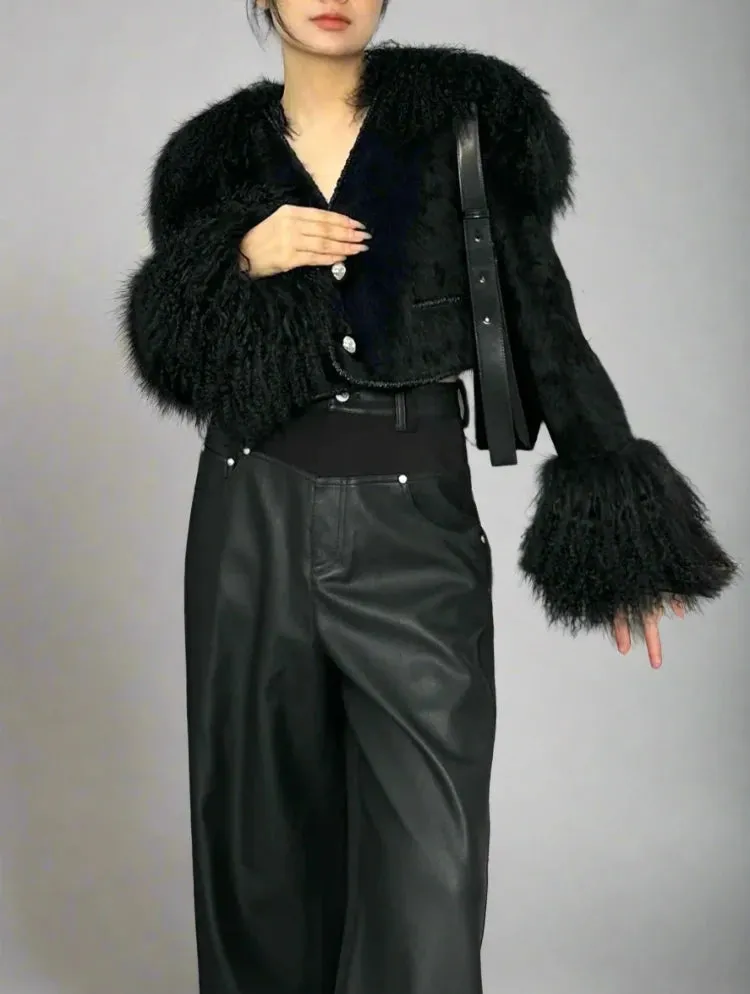 Black Fur Collar Double Button Crop Jacket