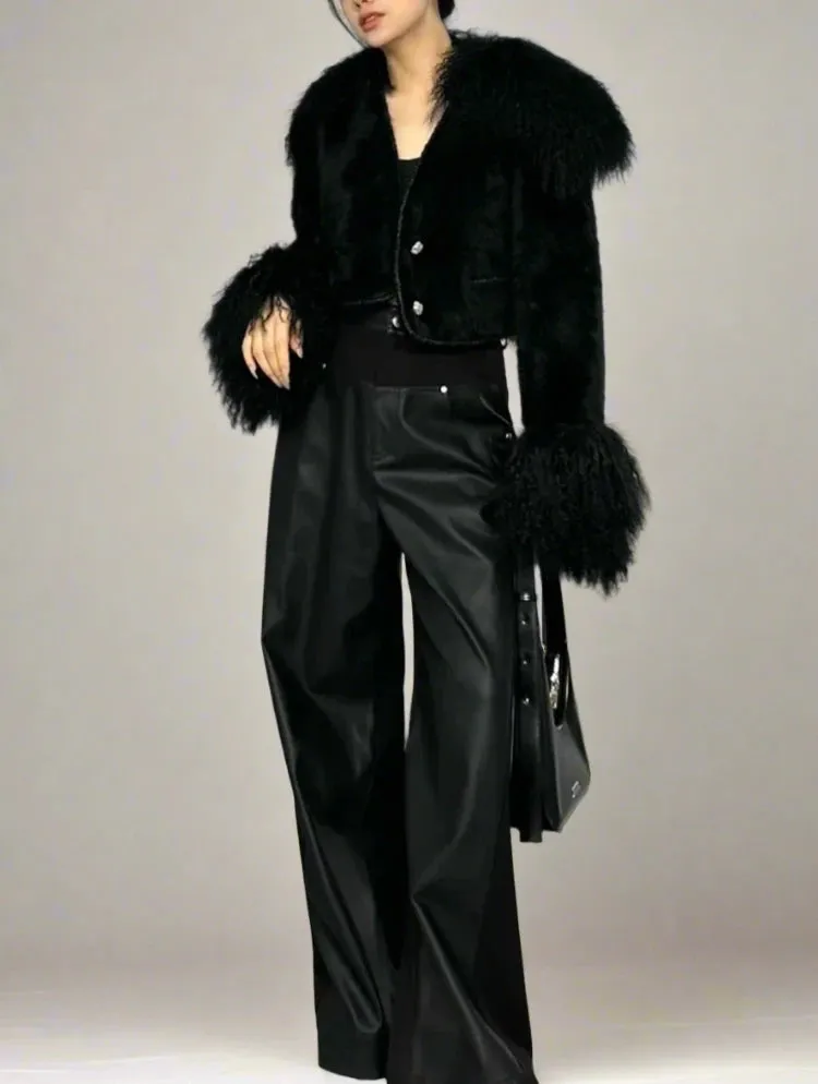 Black Fur Collar Double Button Crop Jacket