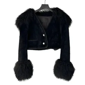 Black Fur Collar Double Button Crop Jacket