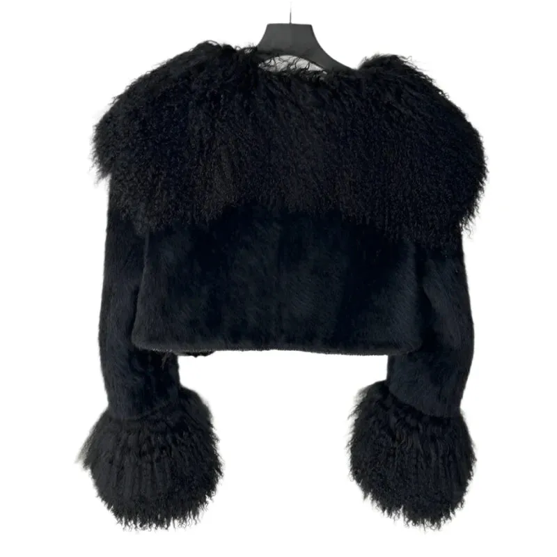 Black Fur Collar Double Button Crop Jacket