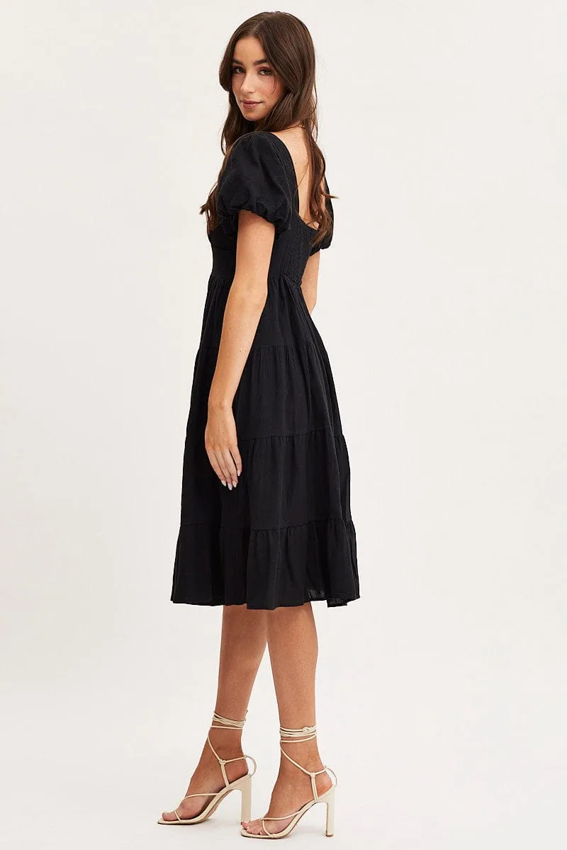 Black Midi Dress Short Sleeve Evening