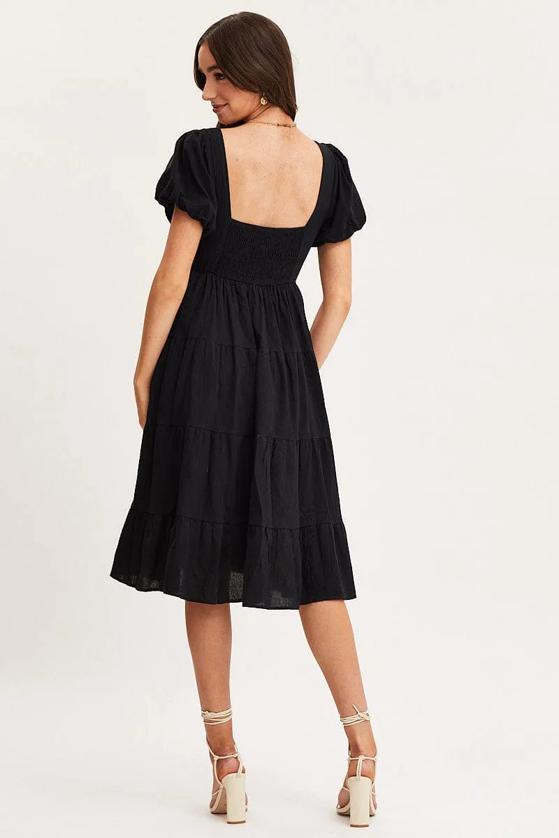 Black Midi Dress Short Sleeve Evening