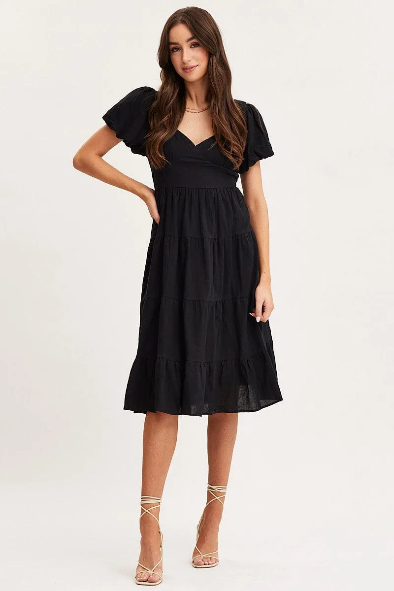 Black Midi Dress Short Sleeve Evening