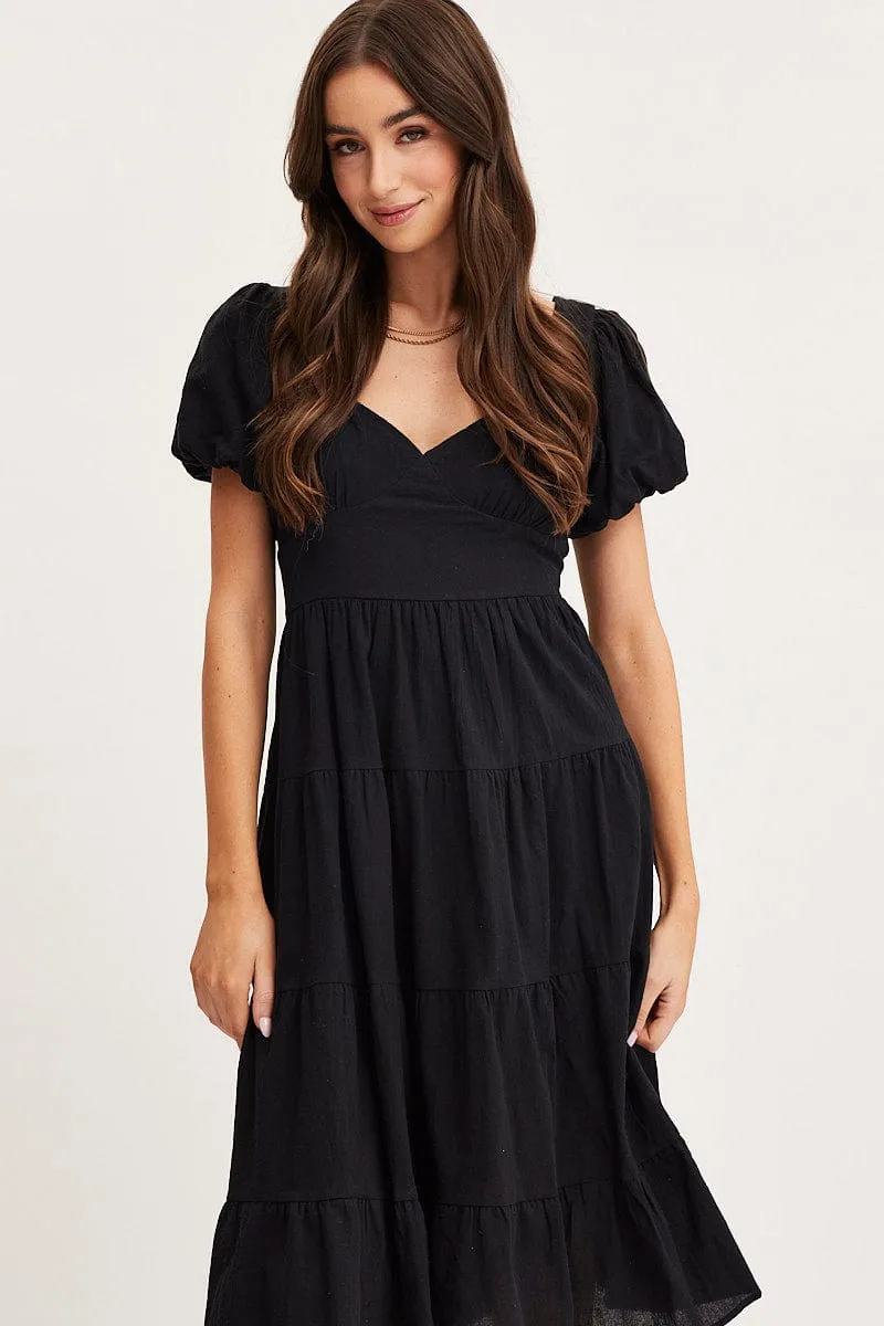 Black Midi Dress Short Sleeve Evening