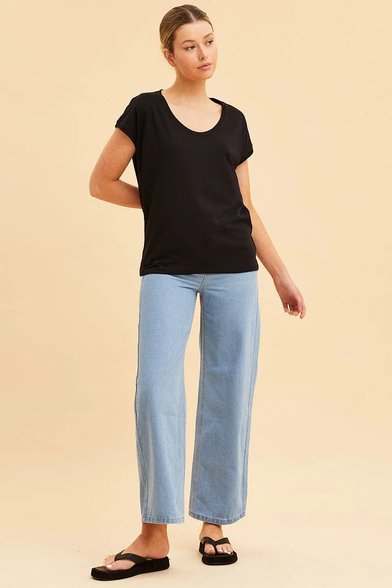 Black Relaxed T-Shirt Scoop Neck Drop Shoulder