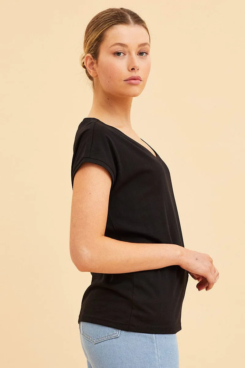 Black Relaxed T-Shirt Scoop Neck Drop Shoulder