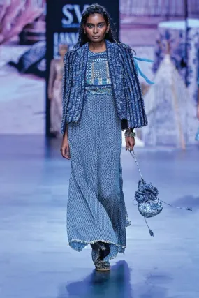 BLUE GEOMETRIC PRINT JUMPSUIT WITH BLUE TEXTURED NOOR JACKET