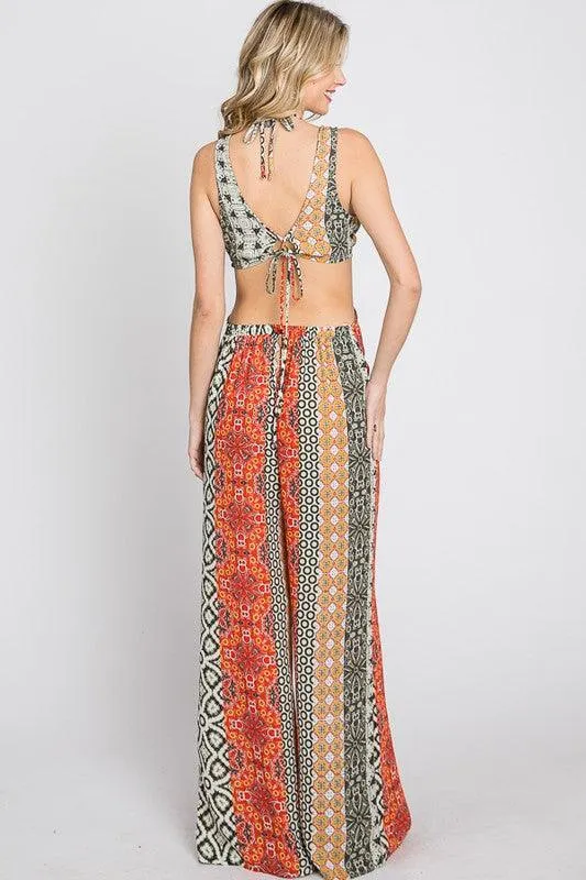 boho multi pattern cutout jumpsuit