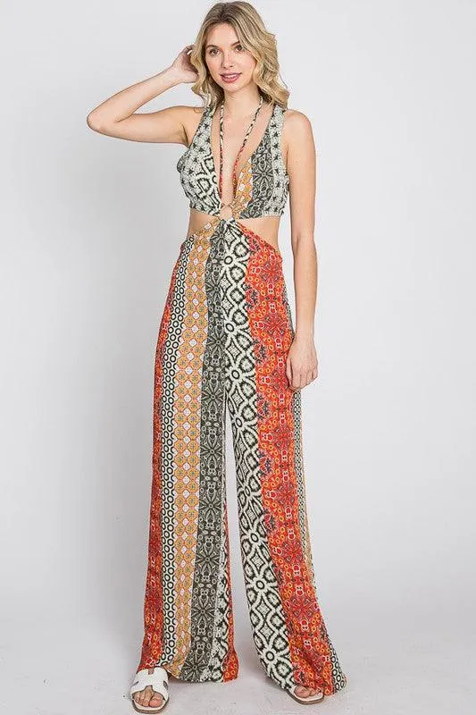 boho multi pattern cutout jumpsuit