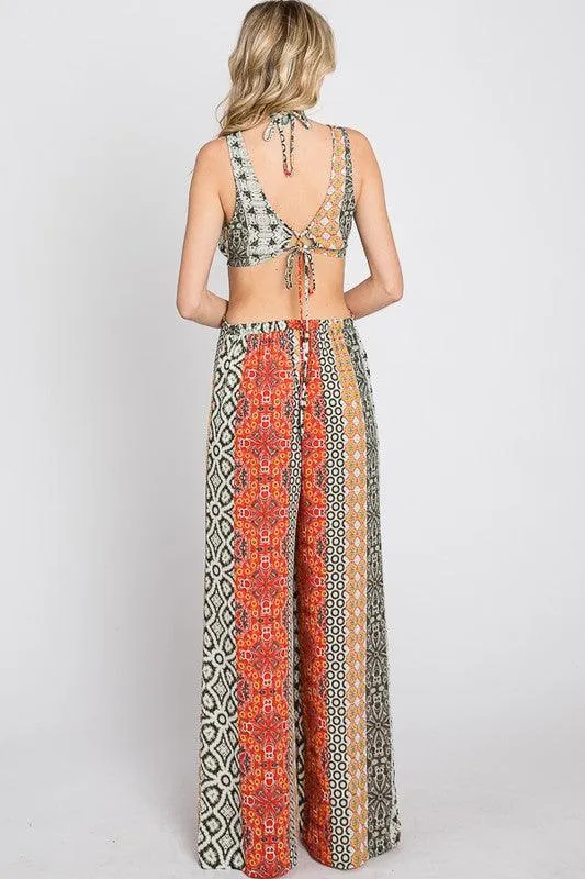 boho multi pattern cutout jumpsuit