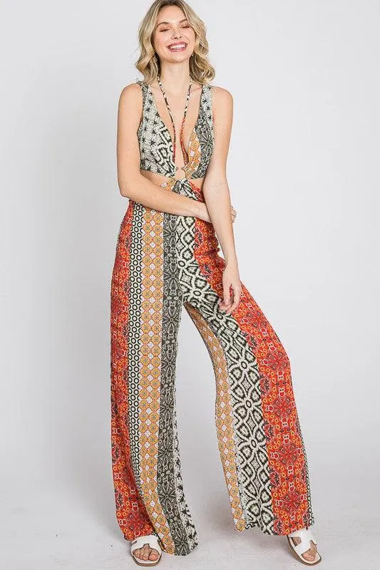 boho multi pattern cutout jumpsuit