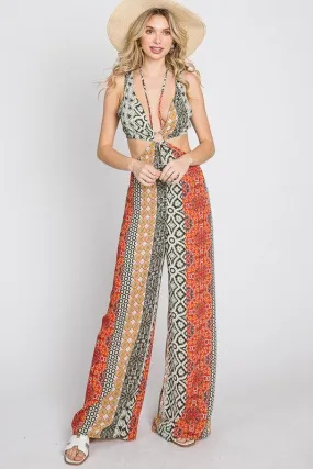 boho multi pattern cutout jumpsuit