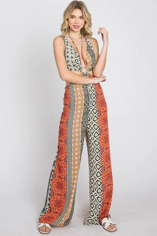 boho multi pattern cutout jumpsuit