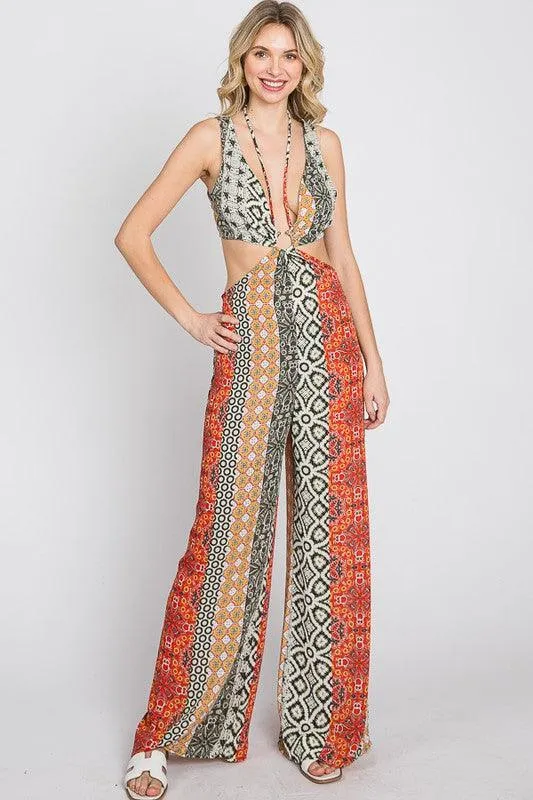 boho multi pattern cutout jumpsuit