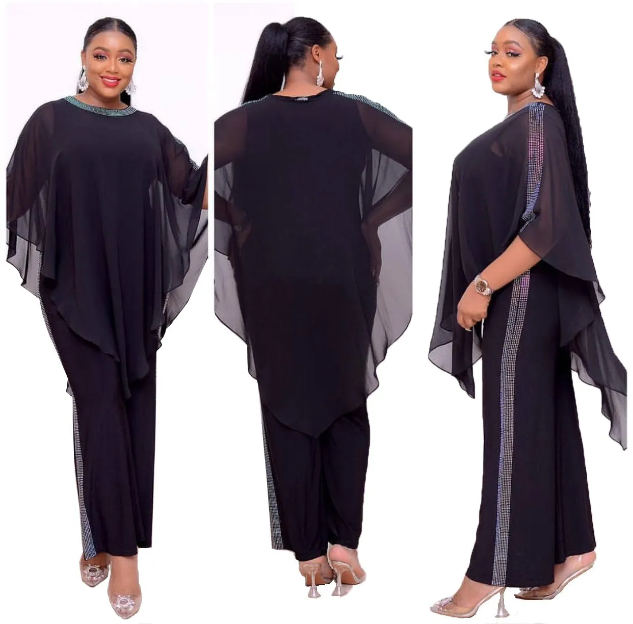 Chiffon poncho and sequin jumpsuit
