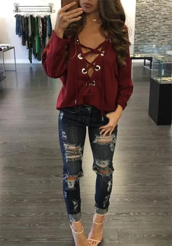 Clearance Straps Lace Up Deep V-neck Drop Shoulder T-shirt