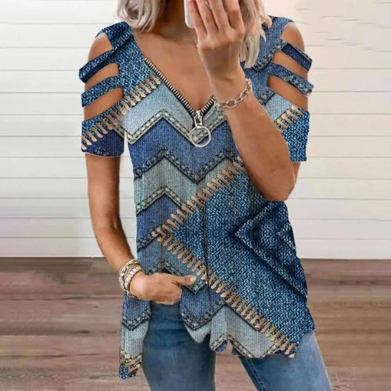 Colour Print Zipper Loose Type V-Neckline T Shirt Wholesale