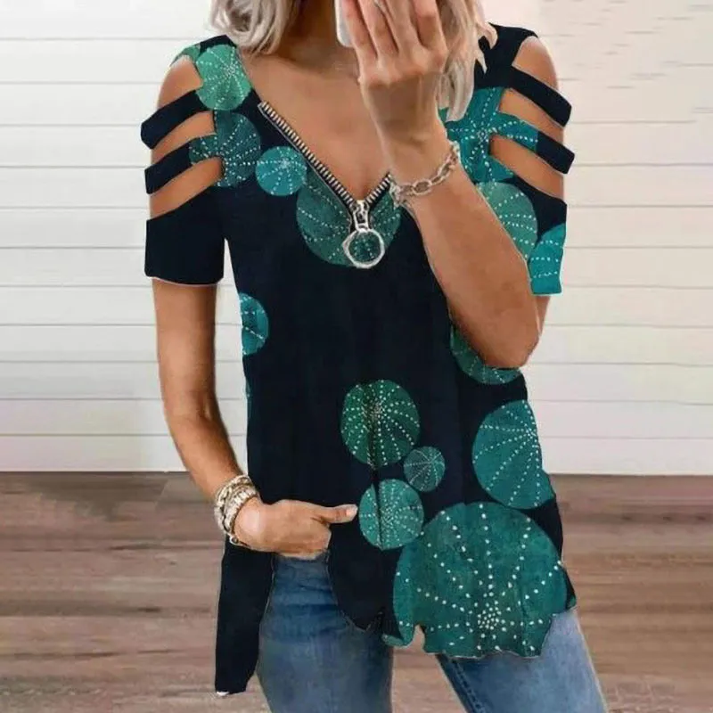 Colour Print Zipper Loose Type V-Neckline T Shirt Wholesale
