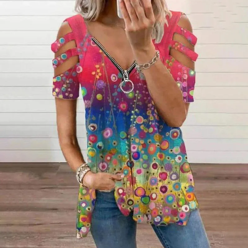 Colour Print Zipper Loose Type V-Neckline T Shirt Wholesale