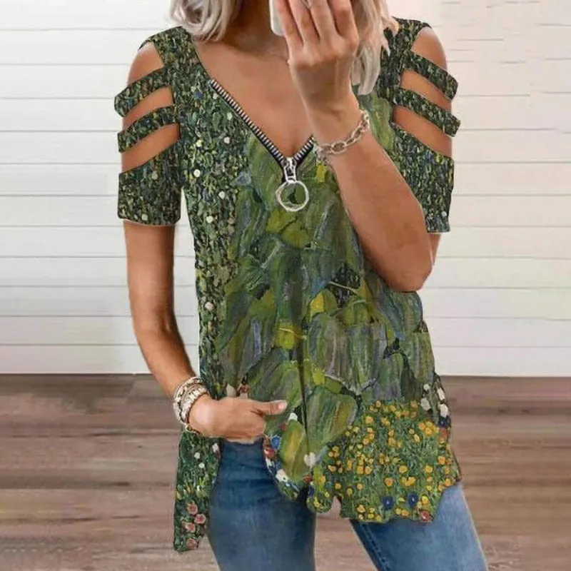 Colour Print Zipper Loose Type V-Neckline T Shirt Wholesale