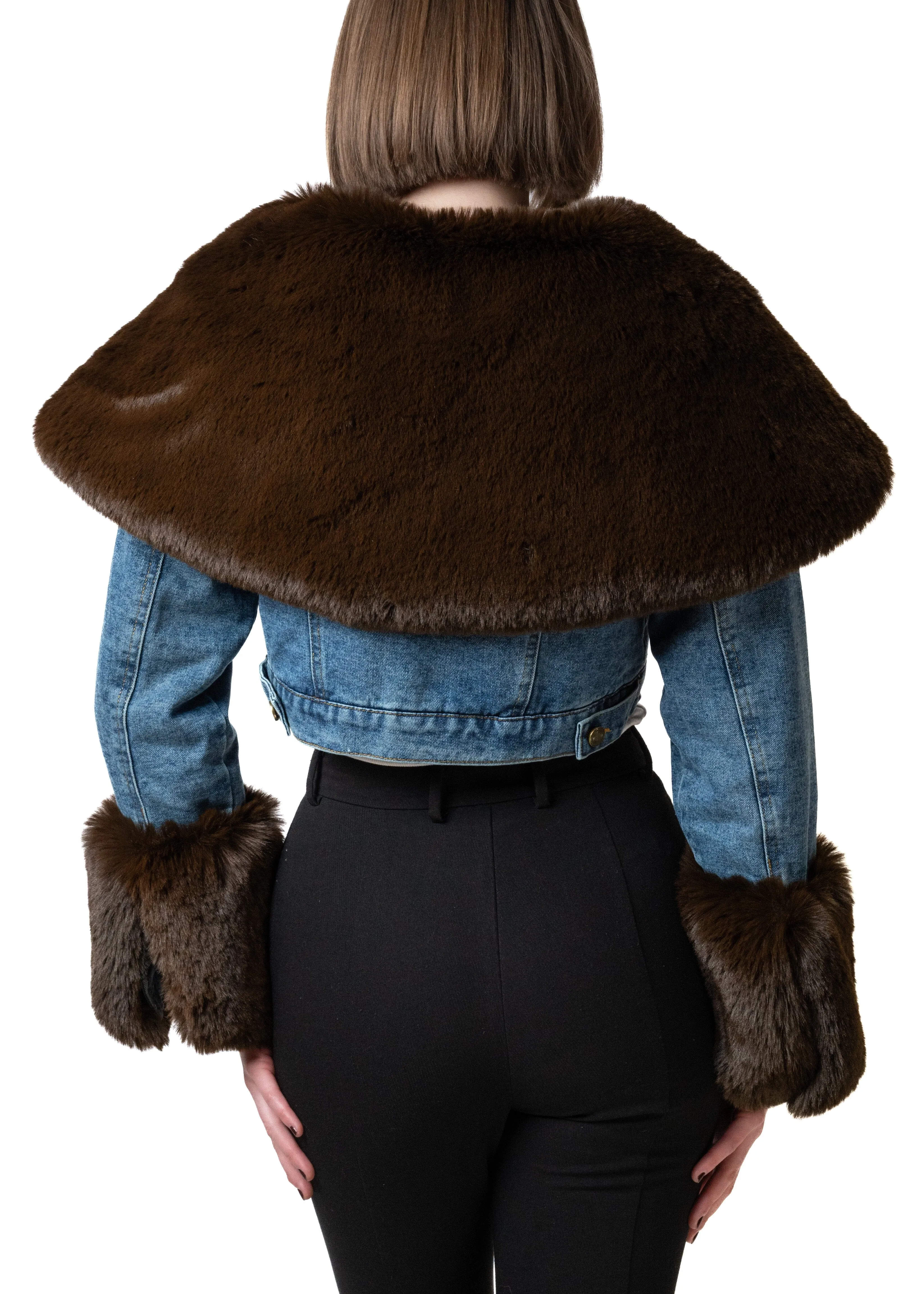 Cropped Denim Faux Fur Trimmed Jacket