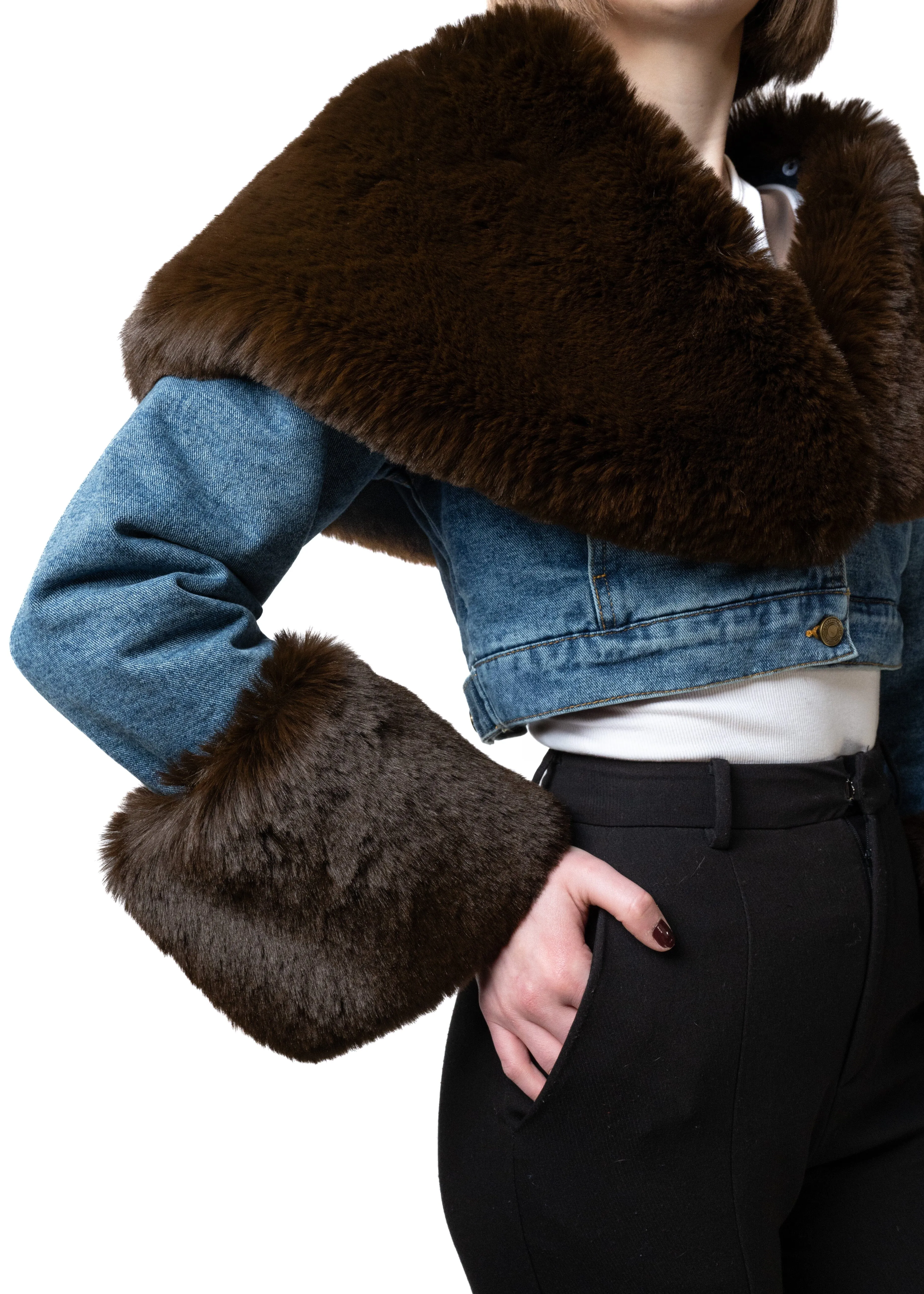 Cropped Denim Faux Fur Trimmed Jacket